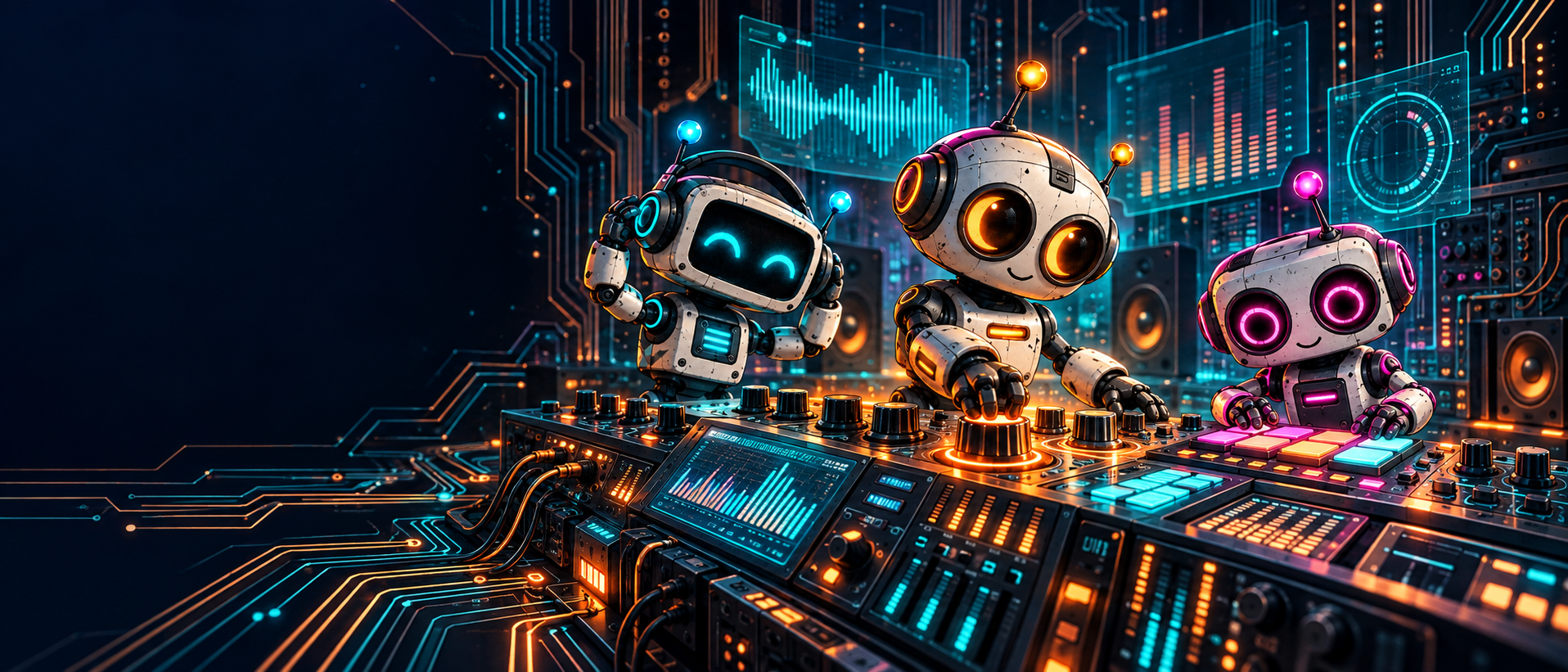 Bear Cole robots making music at a glowing console inside a circuit-grid studio