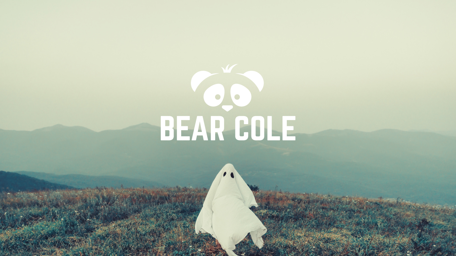 Bear Cole panda logo over a mountain landscape with a ghost